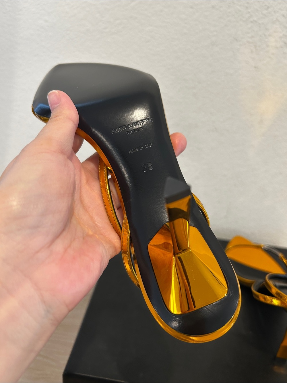NIB Saint Laurent 75mm kitty sandals in Metal Tangerine, Size 38, $1090 Retail - Picture 4 of 7